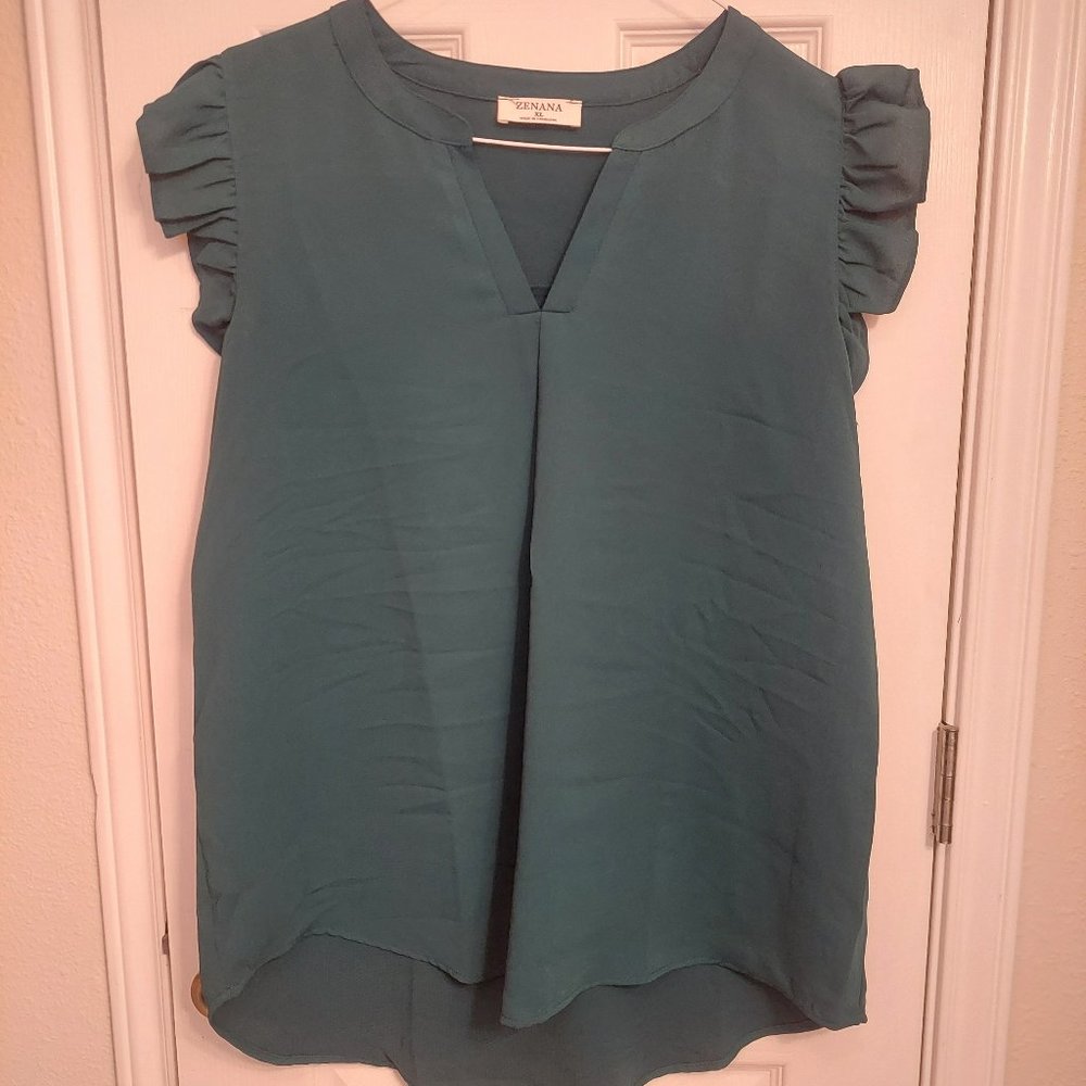 Zenana Dark Green Ruffled, Sleeveless Top